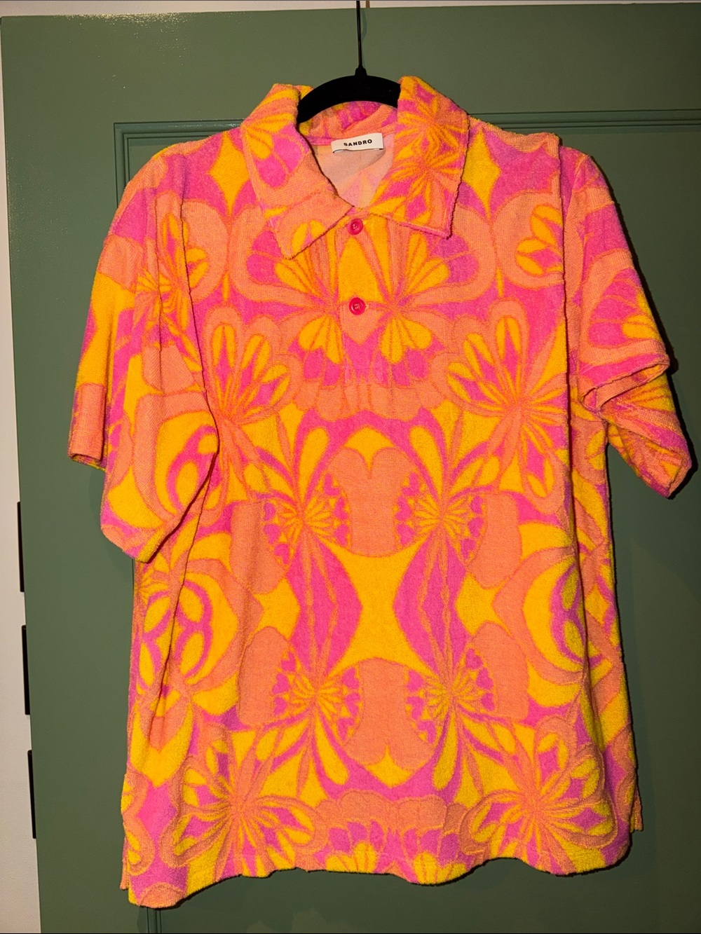 Sandro Yellow & Pink Floral Terry Polo Top